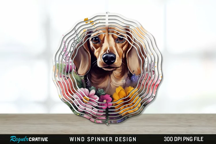 Watercolor Dachshund Dog Wind Spinner Sublimation PNG Design