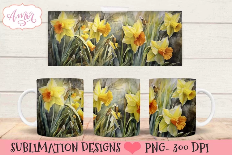 Watercolor daffodil flowers mug template PNG for sublimation