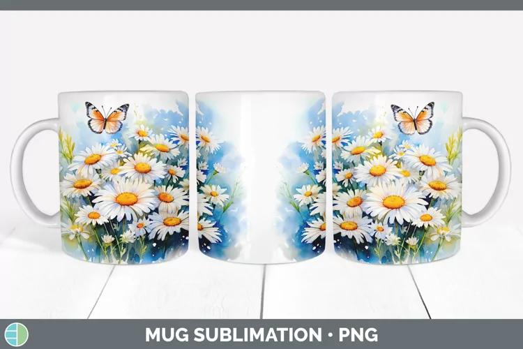 Watercolor Daisies Mug Wrap | Sublimation Coffee Cup Designs