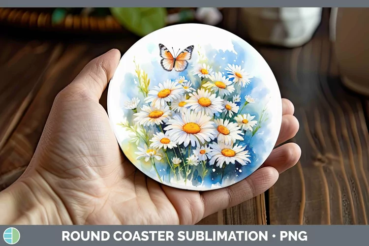 Watercolor Daisies Round Coaster | Sublimation Coaster Desig