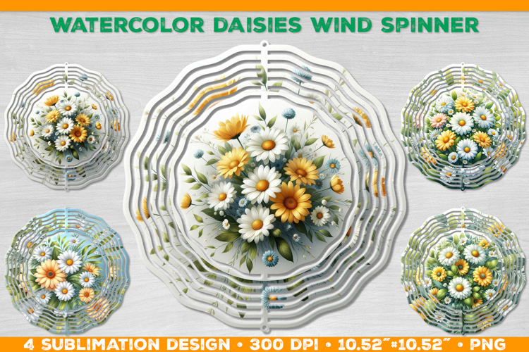 Watercolor Daisies Bouquet Wind Spinner Sublimation Design