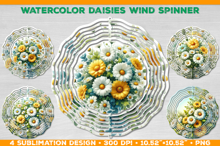 Watercolor Daisies Bouquet Wind Spinner Sublimation Design