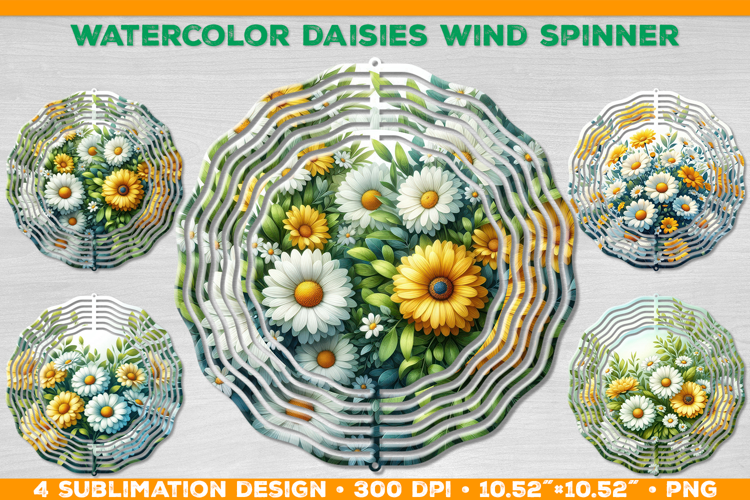 Watercolor Daisies Bouquet Wind Spinner Sublimation Design