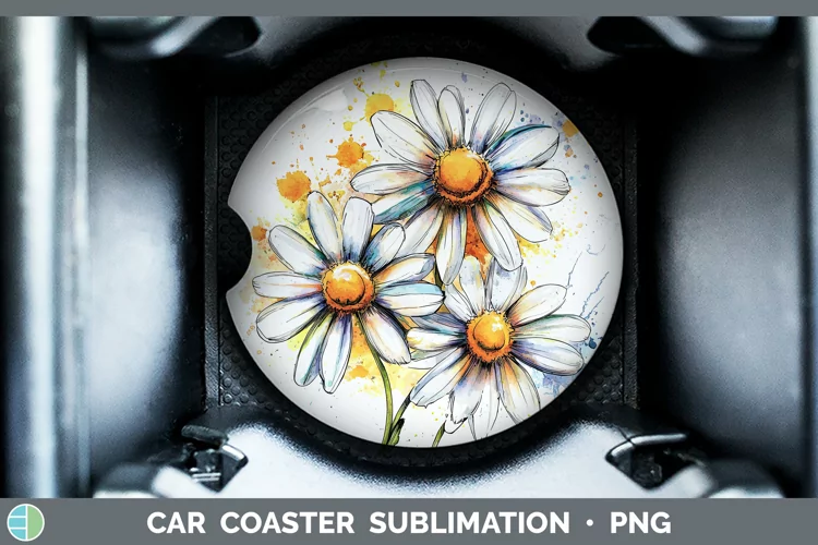 Watercolor Daisy Car Coaster Sublimation Designs