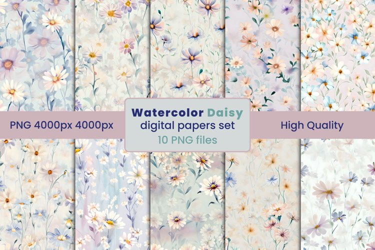 Watercolor Daisy Digital Papers PNG, daisy floral wraps