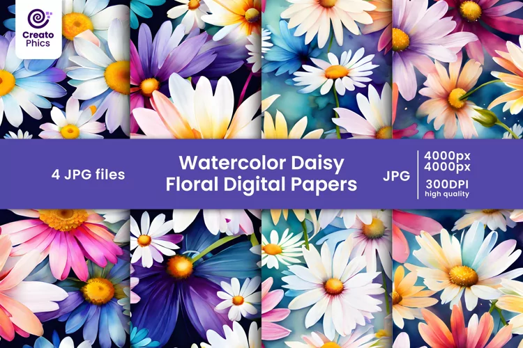 watercolor daisy floral digital papers and flower patterns