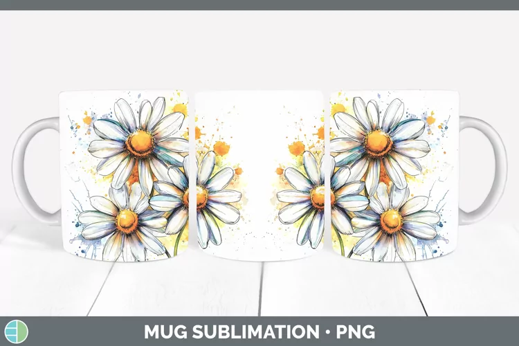 Watercolor Daisy Mug Wrap Sublimation Coffee Cup Designs