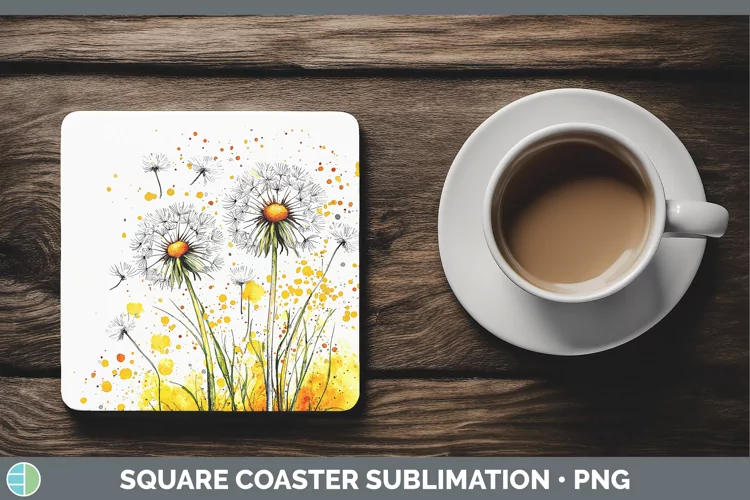 Watercolor Dandelion Square Coaster Sublimation Coaster Desi