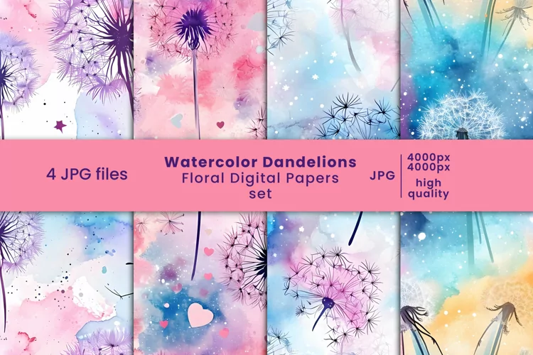 watercolor dandelions digital paper and floral patterns