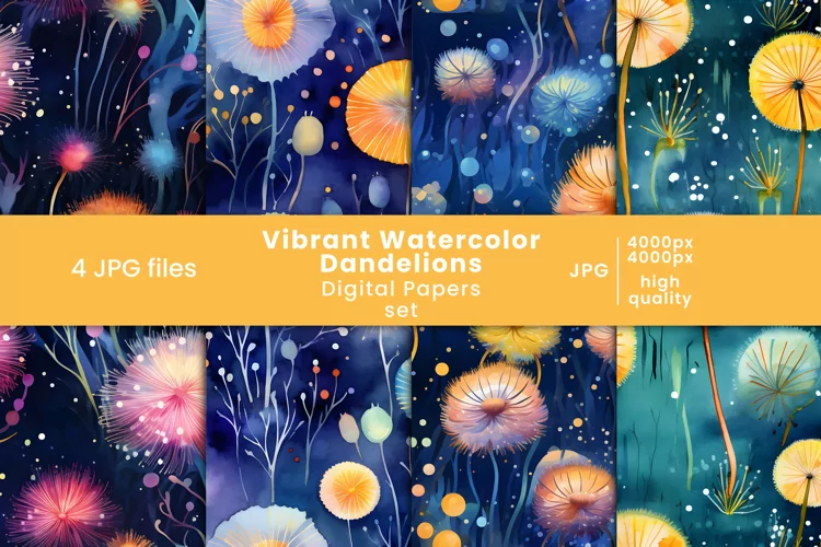 watercolor dandelions digital paper and floral patterns