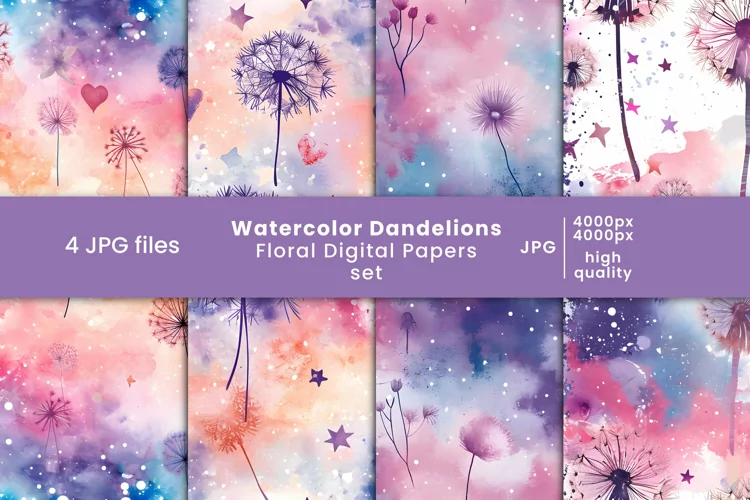 watercolor dandelions digital paper and floral patterns