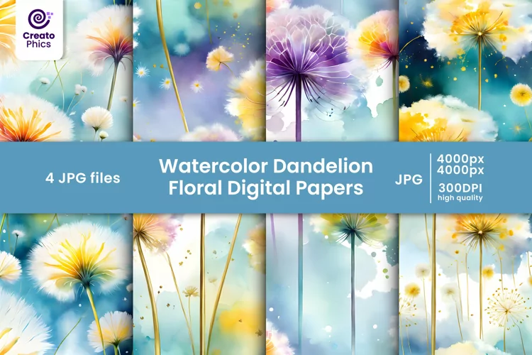 watercolor dandelions digital papers and floral patterns