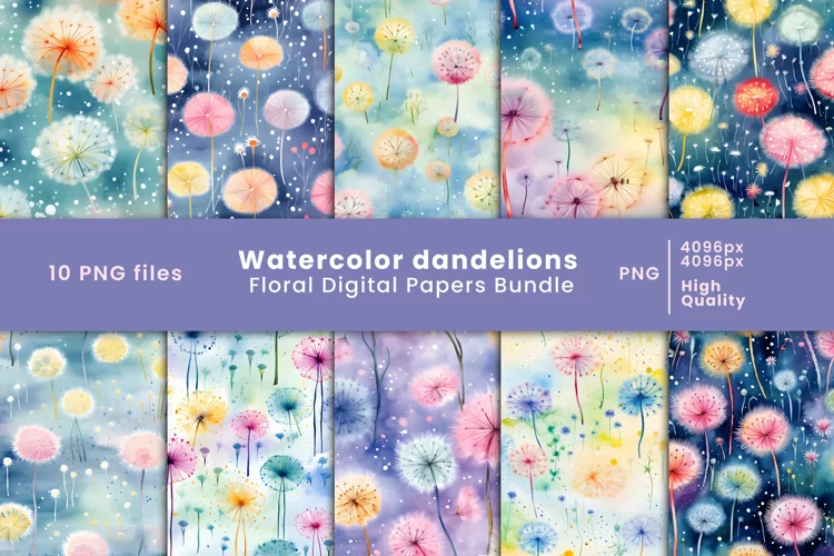 watercolor floral dandelions digital papers PNG
