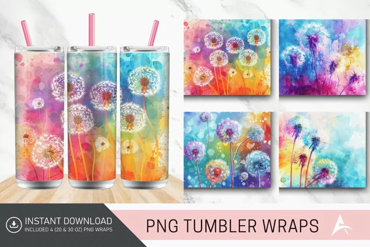 3D Watercolor Dandelions Flowers Tumbler wrap