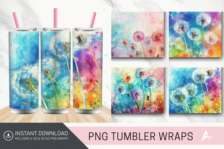 3D Watercolor Dandelions Flowers Tumbler wrap