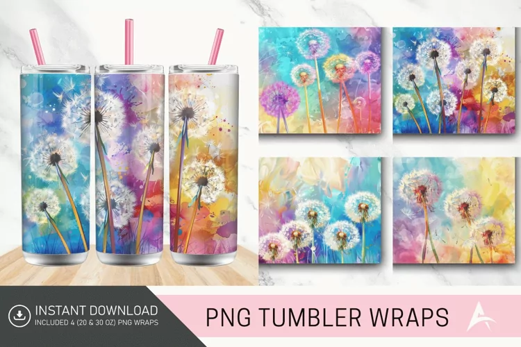 3D Watercolor Dandelions Flowers Tumbler wrap