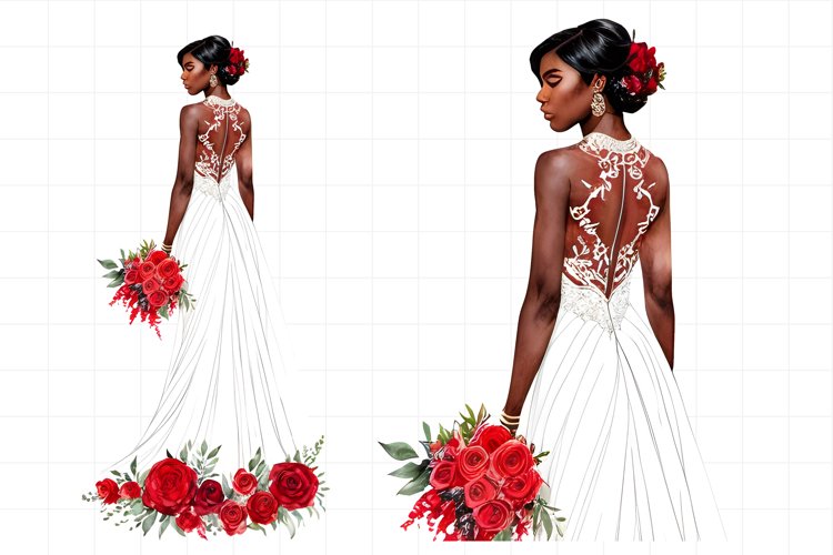 Romantic Watercolor dark skinned bride with red flowers