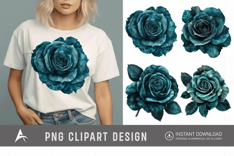 Watercolor Dark Teal Rose Clipart