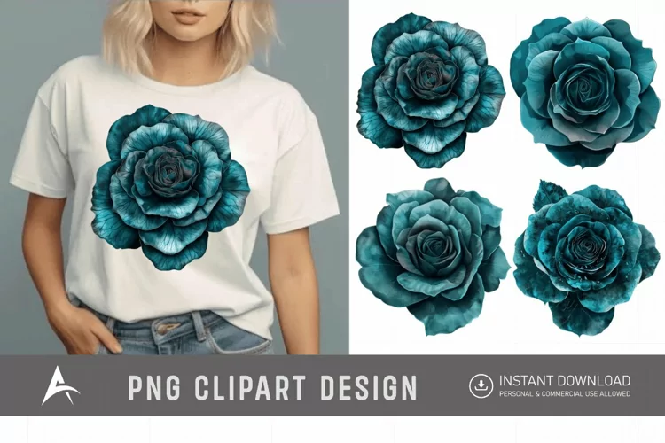 Watercolor Dark Teal Rose Clipart