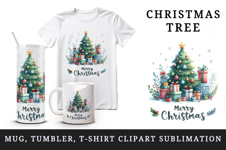Watercolor decorated Christmas tree pile gifts Merry Christmas quote print 20 oz tumbler skinny mug wrap clipart t-shirt sublimation printable design