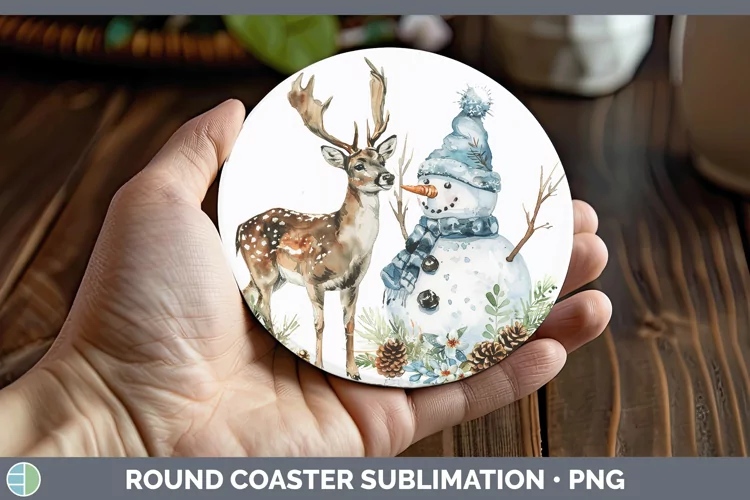 Christmas Snowman Deer Round Coaster Sublimation Design