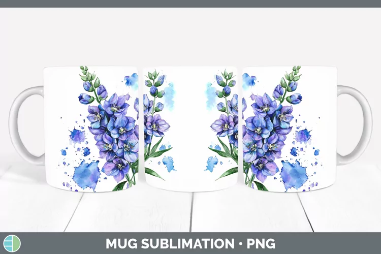 Watercolor Delphinium Mug Wrap Sublimation Coffee Cup Design