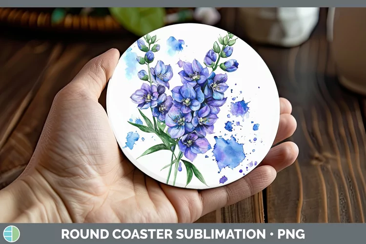 Watercolor Delphinium Round Coaster Sublimation Coaster Desi