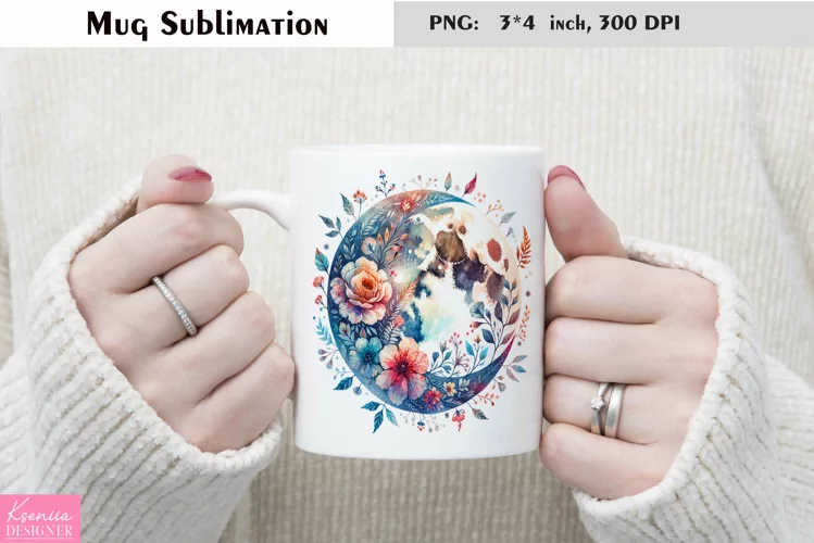 Watercolor Floral Moon Mug Sublimation|Flower Mug Design