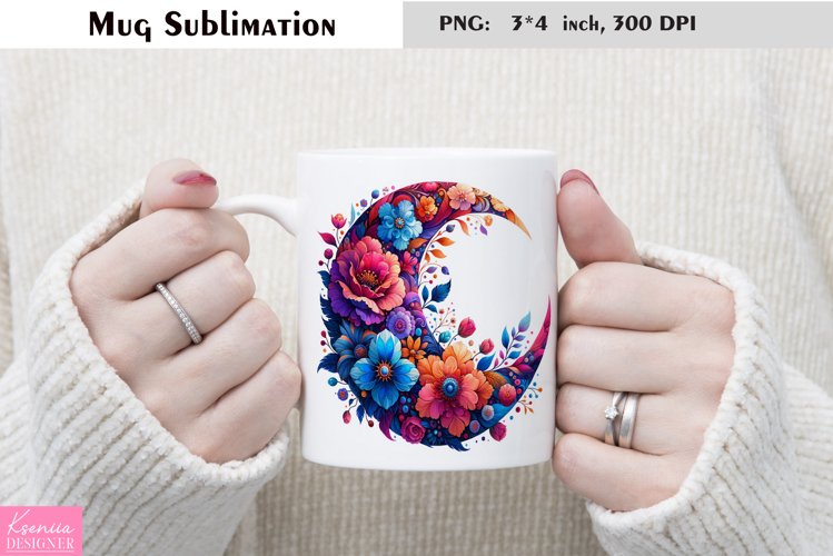 Watercolor Floral Moon Mug Sublimation|Flower Mug Design