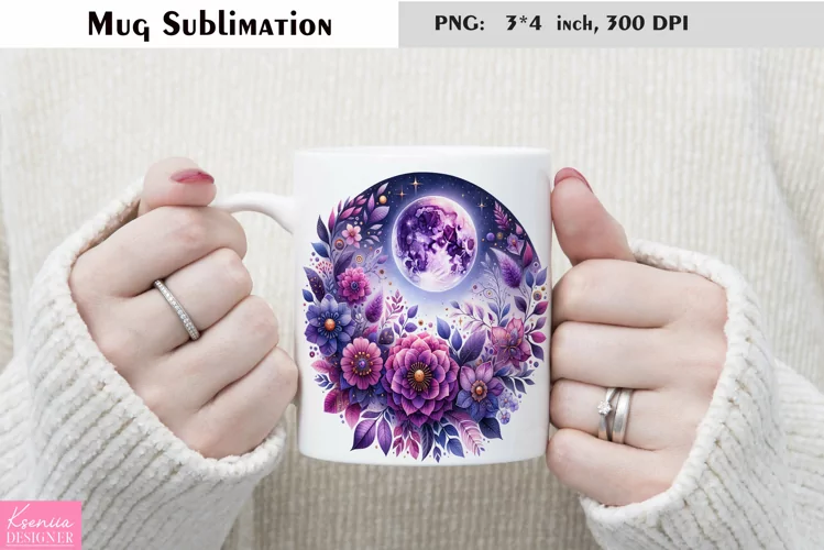 Watercolor Floral Moon Mug Sublimation|Flower Mug Design