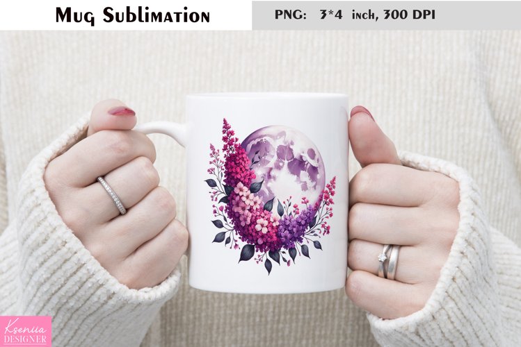 Watercolor Floral Moon Mug Sublimation|Flower Mug Design