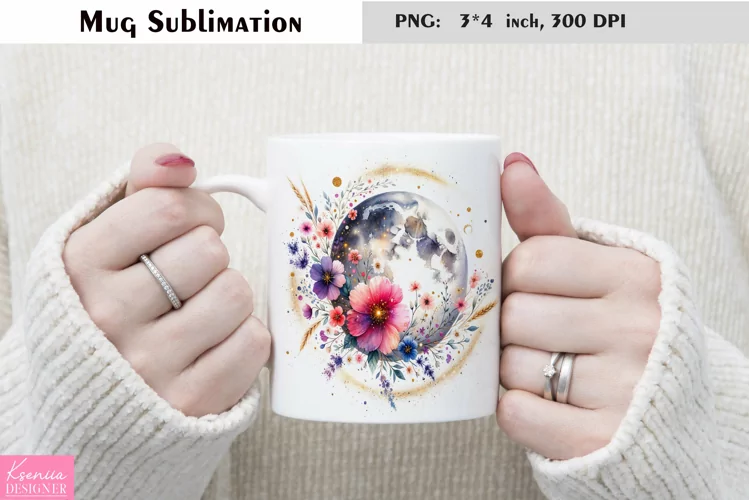 Watercolor Floral Moon Mug Sublimation|Flower Mug Design