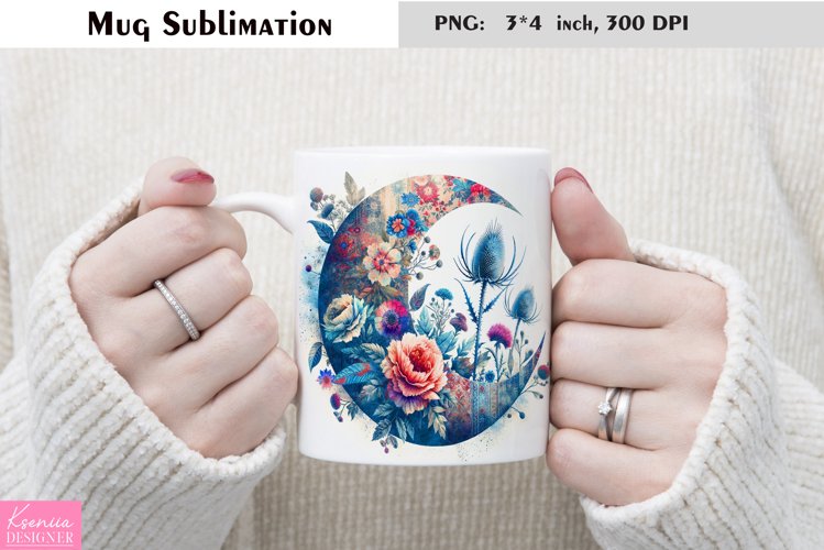 Watercolor Floral Moon Mug Sublimation|Flower Mug Design