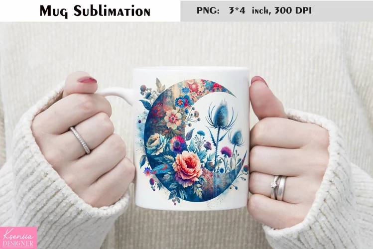 Watercolor Floral Moon Mug Sublimation|Flower Mug Design