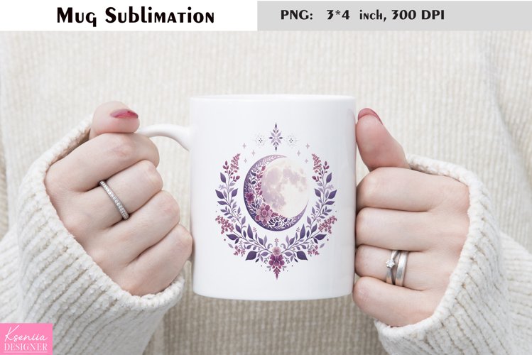 Watercolor Floral Moon Mug Sublimation|Flower Mug Design