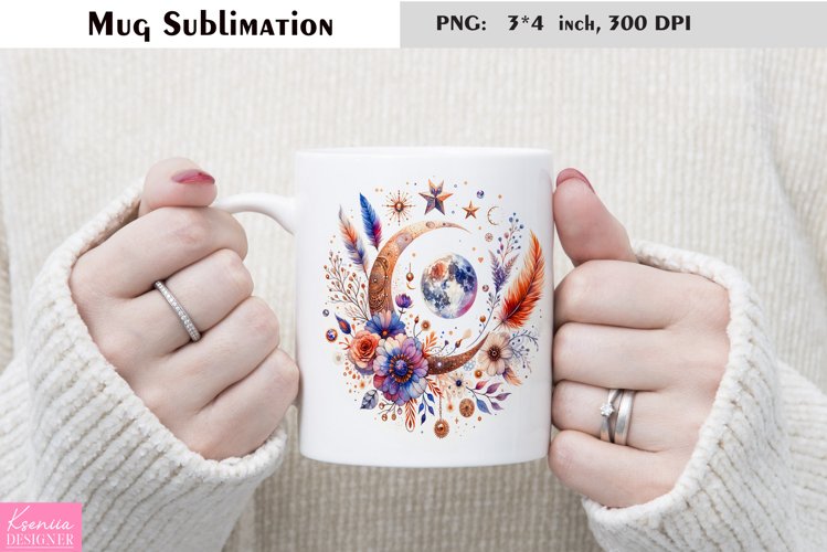 Watercolor Floral Moon Mug Sublimation|Flower Mug Design