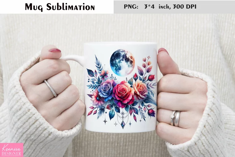 Watercolor Floral Moon Mug Sublimation|Flower Mug Design