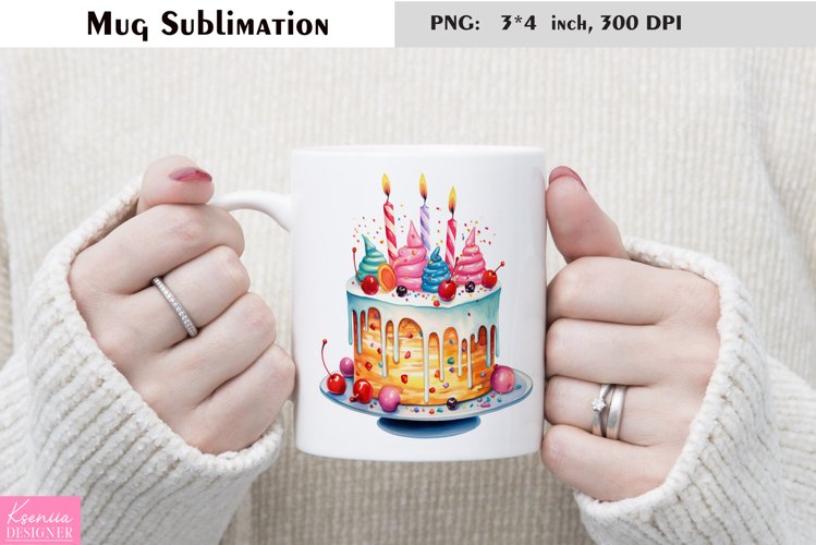 Watercolor Cake Mug Sublimation|Birthday Mug Design