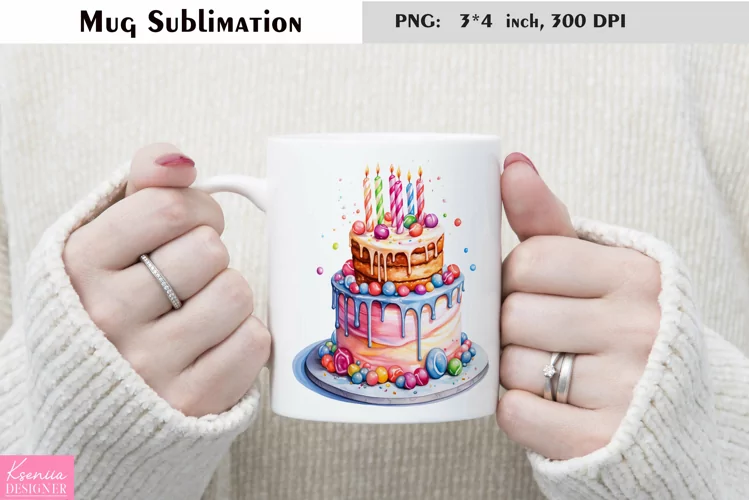 Watercolor Cake Mug Sublimation|Birthday Mug Design