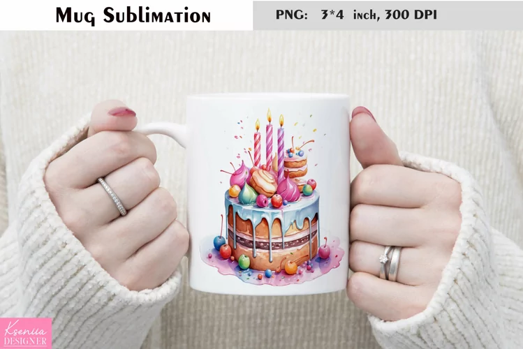 Watercolor Cake Mug Sublimation|Birthday Mug Design