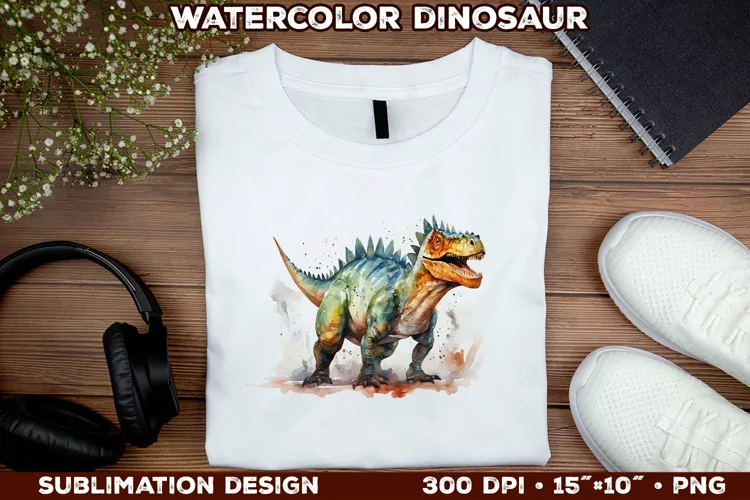 Watercolor Dinosaur T-Shirt Design. Dinosaur Sublimation PNG