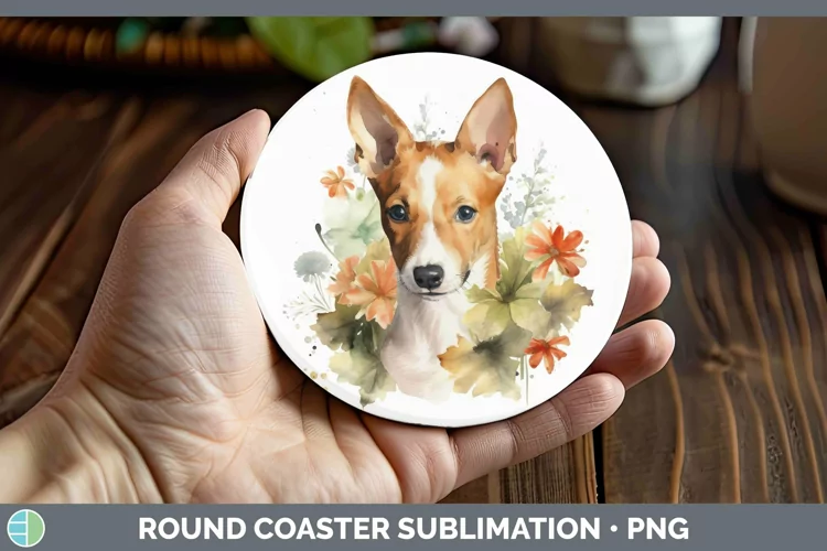 Watercolor Dog Basenji Round Coaster Sublimation Coaster Des