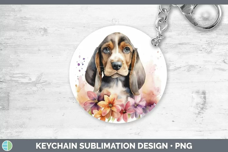 Watercolor Dog Basset Hound Keychain Sublimation Keyring Des