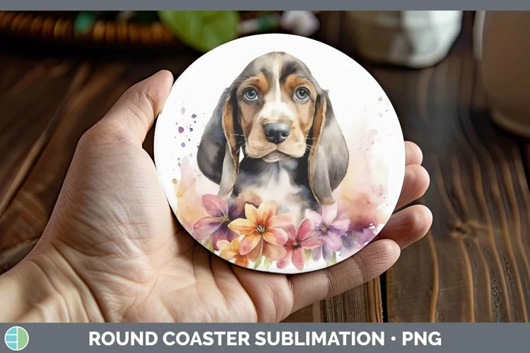 Watercolor Dog Basset Hound Round Coaster Sublimation Coaste