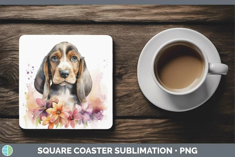 Watercolor Dog Basset Hound Square Coaster Sublimation Coast