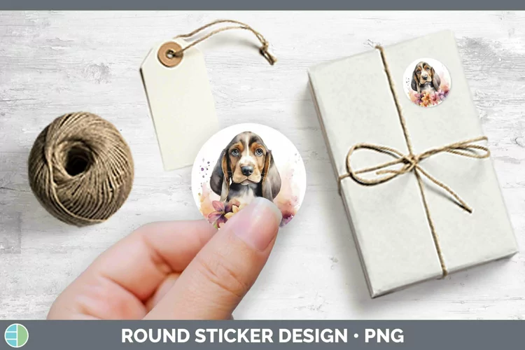 Watercolor Dog Basset Hound Stickers | Round Labels Designs