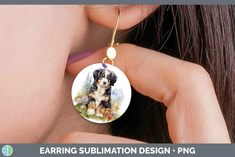 Watercolor Dog Bermese Mountain Dog Round Earrings Sublimati