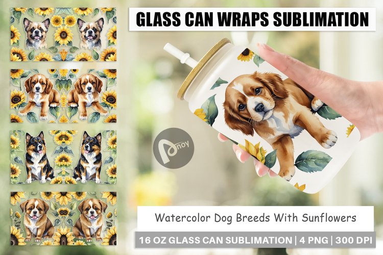 Glass Can Wraps Dog With Sunflowers