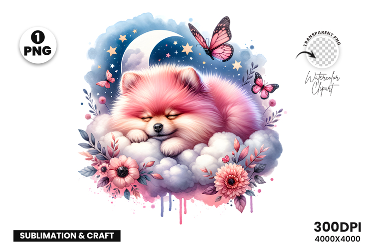 Watercolor Dog Butterfly Cloud Clipart Sublimation PNG