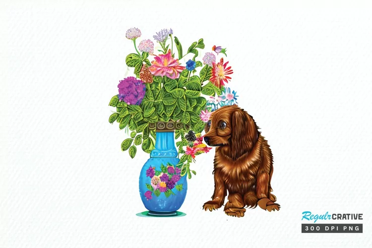 Watercolor Dog Floral PNG Clipart
